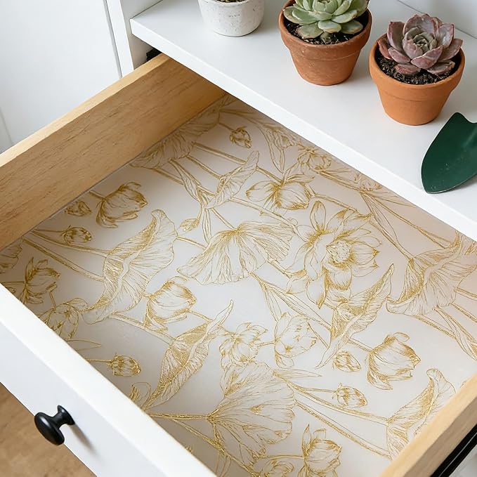 Shelf Liners Non Adhesive Light Base Gold Lotus Pattern - Thickened Non-Slip Easy to Clean Drawer Liner for Kitchen Cabinets, Tool Box, Refrigerator, with Knife & Tape Measure, 12in x 10FT