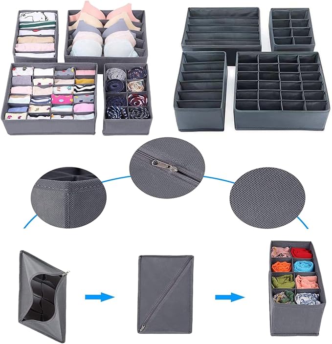 8 Pack Foldable Drawer Organizer - Light Gray Fabric Bins for Clothes, Underwear, Socks & More