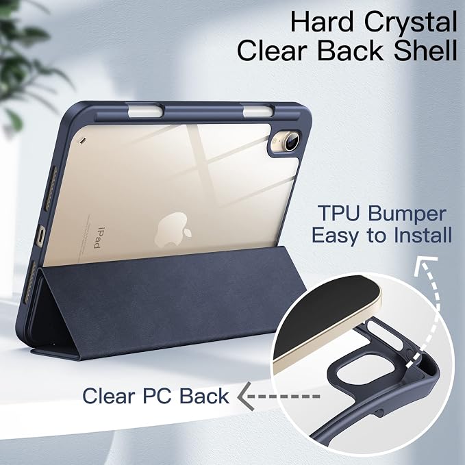 JETech Case Cover for iPad mini A17 Pro/6th Gen (2024/2021) Black | Clear Transparent Back Pencil Holder Slim Shockproof Protection Tri-Fold Stand Auto Wake/Sleep