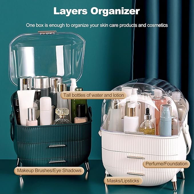 Ergocar Cosmetics Organizer Make Up Case Dustproof Cosmetic Storage Box, Cosmetics Skin Care Products Multi-Function Jewelry Organizer Case - green-1