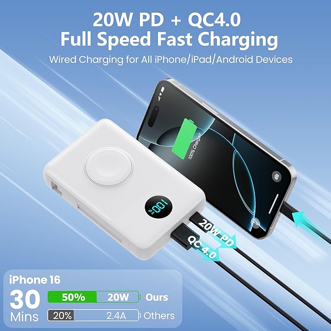 6 in 1 Magnetic Portable Charger for iPhone with Built-in Cables, 10800mAh 25W PD Fast Charging Power Bank, 6 Outputs Travel Essential Battery Pack for iPhone 17/16/15/14/13/12,Apple Watch (White)