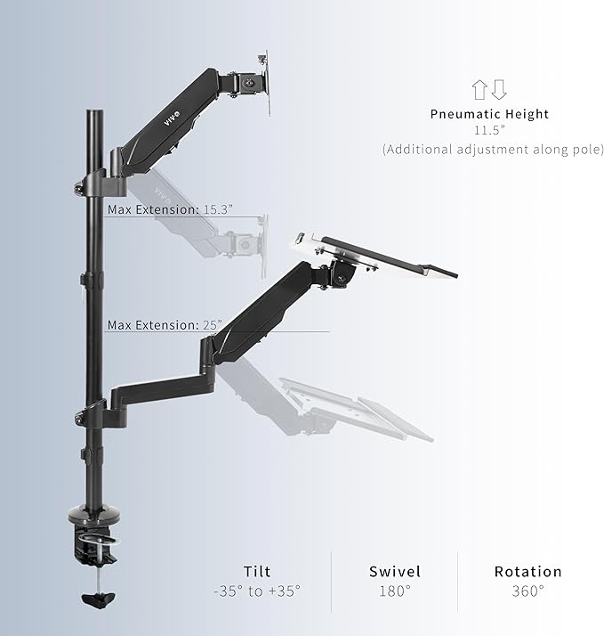 VIVO Sit-Stand Height Adjustable Pneumatic Spring Arm Keyboard Tray Desk Mount for 1 Screen up to 32 inches STAND-SIT1B