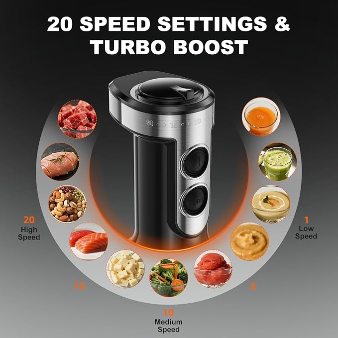 Immersion Blender Handheld 1200W, 20-speeds, 5-in-1 Handheld Mixer