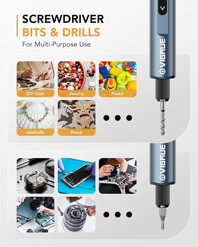 VIGRUE Mini Electric Screwdriver Set, 400RPM Electric Precision Screwdriver with Drill Bits, 5 Torque Level 48 Magnetic Bits, Repair Tool Kit for Electronics Phone Watch Jeweler Laptop