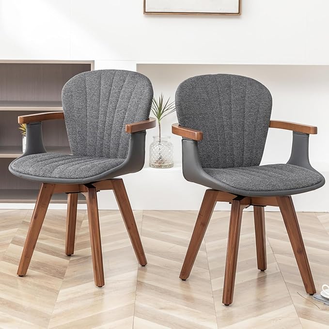 LUNLING Swivel Dining Chairs, Mid Century Modern Gray Fabric+Faux Leather Kitchen Chairs with Arms,Bamboo Legs Side Chairs No Wheels,Accent Chair for Dining Rooms and Offices(Gray Fabric,1PCS)