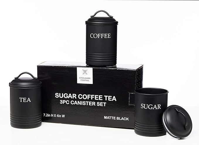 Steelware Central Black Kitchen Canister Set of 3 - Airtight Food Storage Containers with Lids for Sugar, Coffee & Tea, Stainless Steel Countertop Decorative Jar Set