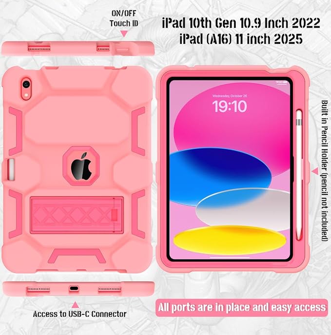 Case for iPad 11 11th Gen (A16) 2025 &amp 10th Gen 2022 10.9 Purple+Green | Kickstand | With Pencil Holder | Drop-Proof Silicone+Hard Shell | Raised Edge Protects Screen&ampCamera | Heavy Duty Pr