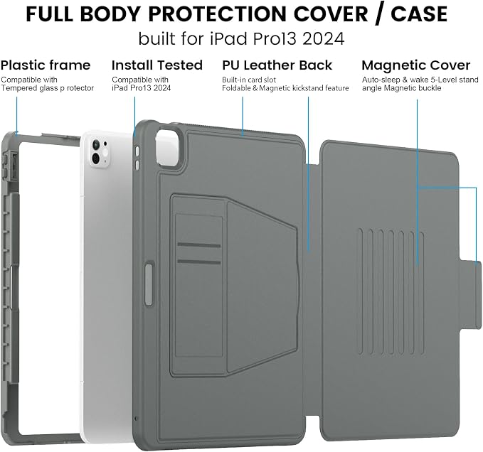 for iPad Pro 11 inch Protective Case M5 2025/M4 2024: Heavy Duty Shockproof Case with Pencil Holder - 360°Rotating Handle/Stand - Screen Protector - Shoulder Strap Black/Sky Blue
