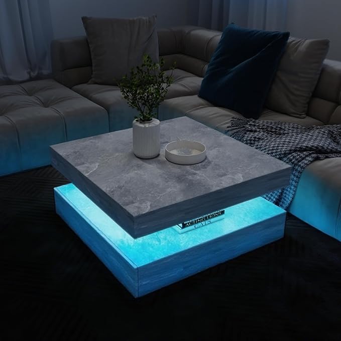 LED Coffee Table for Living Room, 2-Tier Modern Square Center Table with Music Sync Lights, High Gloss Surface, 30 3/4" x 30 3/4" (Grey)