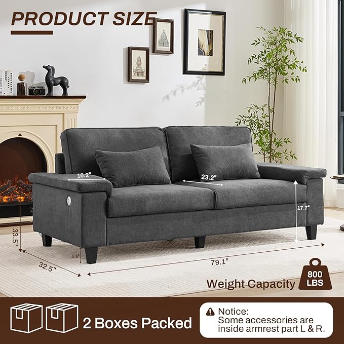 3 Seater Couch for Living Room, 79'' Comfy Deep Seat Sofa with Adjustable Armrests & USB/Type-C Charging Ports, Mid Century Modern Couch for Bedroom, Home Office,Gray