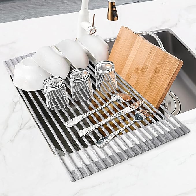 MERRYBOX Roll Up Dish Drying Rack, Silicone Wrapped Over The Sink Dish Rack Foldable Dish Drainer Anti-Slip Dish Racks for Kitchen Counter, Multipurpose Kitchen Sink Drying Rack, 18" x 13", Light Gray