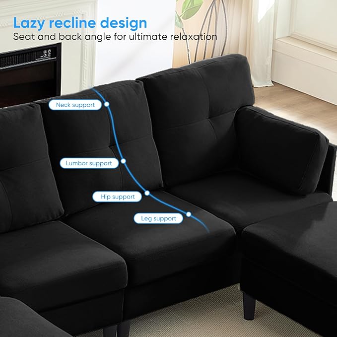 PUREMIND Sectional Couches for Living Room, Modern Snow Velvet U-Shaped Sofa Couch with Double Chaise, Upholstered 4 Seater Home Sofa for Living Room, Apartment, Office, Black
