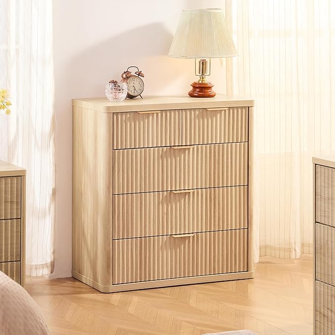 LEYAOYAO Fluted 5 Drawers Dresser for Bedroom, 34" Tall Modern Chest of Drawers with Metal Handle, Curved Profile Design,Natural Wood Drawer Organizer for Bedroom, Living Room, Hallway, Entryway
