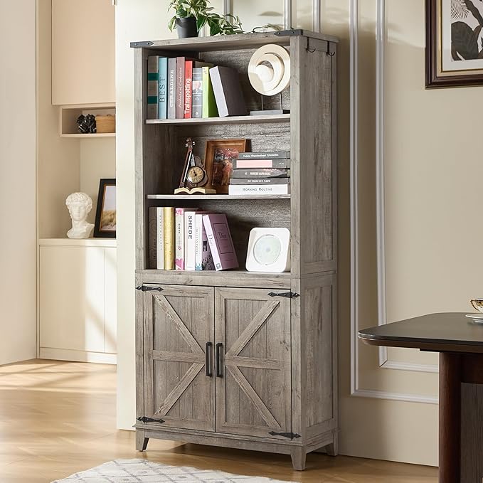 70in Tall Bookshelf 5 Tier Bookcase with Barn Doors and Adjustable Shelves, Grey Farmhouse Book Shelf with Storage Cabinet, Wood Freestanding Display Bookshelves for Bedroom, Living Room