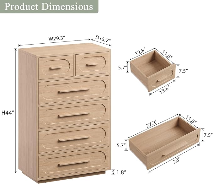 6 Drawer Dresser for Bedroom, 44" Tall Dressers & Chest of Drawers w/Solid Wood Handle, Wood Mid Century Closet Organizers and Storage Cabinet for Bedroom, Living Room, Hallway, Natural Oak