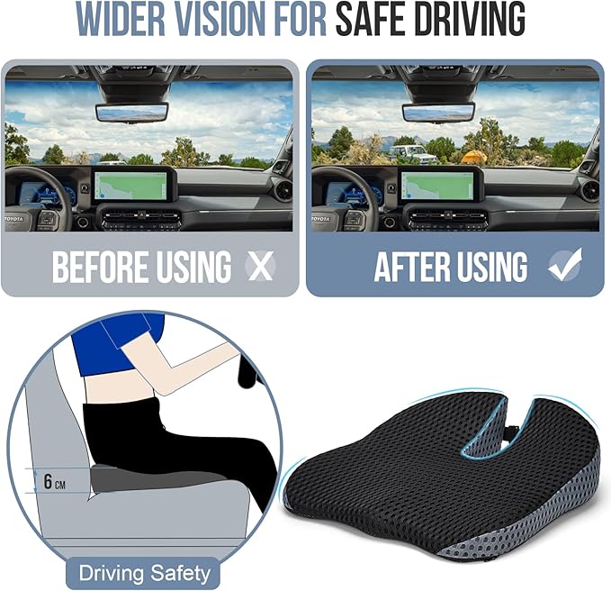 Car Seat Cushion, Memory Foam Car Wedge Seat Cushion for Driving, Height Booster & Posture Support, 4D Mesh Seat Pad with Adjustable Straps (Deep Black)