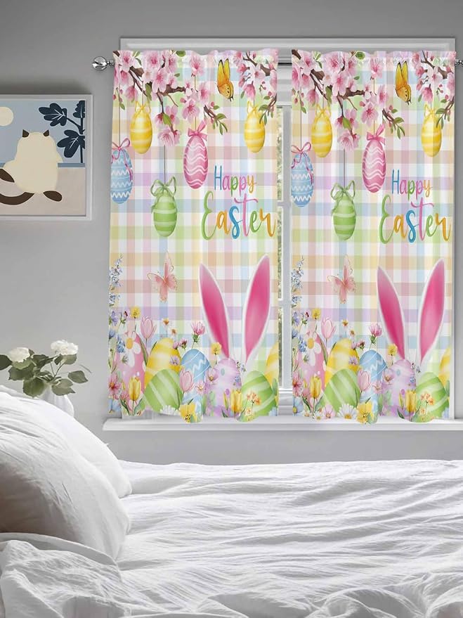 Happy Easter Living Room Curtains 72 Inches length, Spring Bunny Colorful Eggs