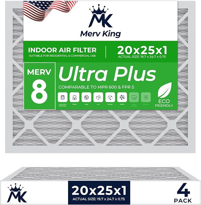 MervKing 20x25x1 Air Filter Actual Size: 19.7" x 24.7" x 0.75" MERV 8 MPR