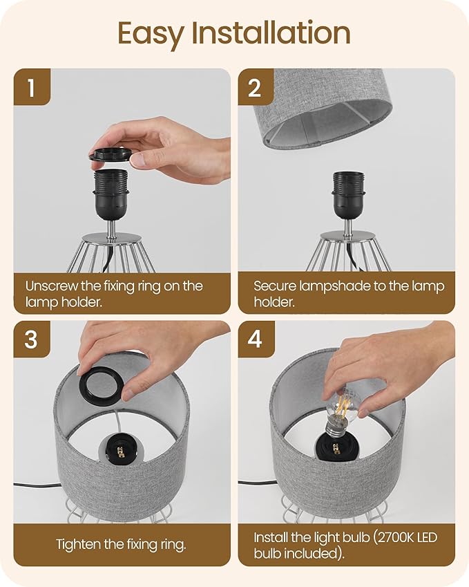 Small Table Lamp, Bedside Lamp with Grey Linen Lampshade & Silver Metal Base, Modern Nightstand Lamp, Little Cute Desk Lamp for Bedroom, Living Room, 2700K LED Bulb Included, SH06TL05