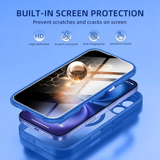 BERFY Magnetic for iPhone 16 Plus Case, Compatible with MagSafe, Built-in Privacy Screen Protector and Upgraded Camera Protection, Anti-Spy Full Body Shockproof Phone Case for 16 Plus 6.7", Klein Blue