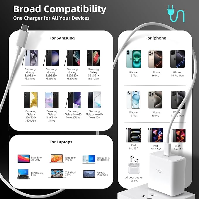 TANSEY 45W USB C Fast Charger with 6.6FT Braided Nylon Cable PD 3.0 Charger Block Compatible with iPhone 16/15 Series iPad AirPods Pro 2 &amp Samsung S24