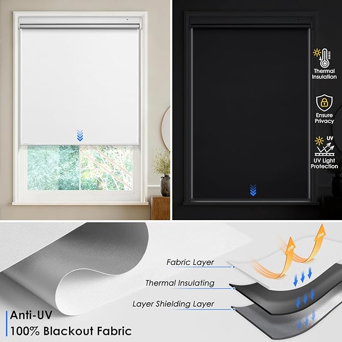 Motorized Blackout Smart Roller Blinds with Remote Control & Solar Panel - Automatic Electric Shades for Windows, Compatible with Alexa - White,34" W*72" H