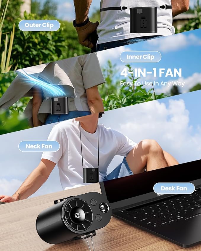Portable Waist Fan,10 Speeds Personal Fan Clip On Fans for Shirt,10000mAh Rechargeable Neck Fans With LED Display, 3 Lights Mode Wearable Belt Fans for Men Women Gifts Outdoor, Camping, Travel, Beach