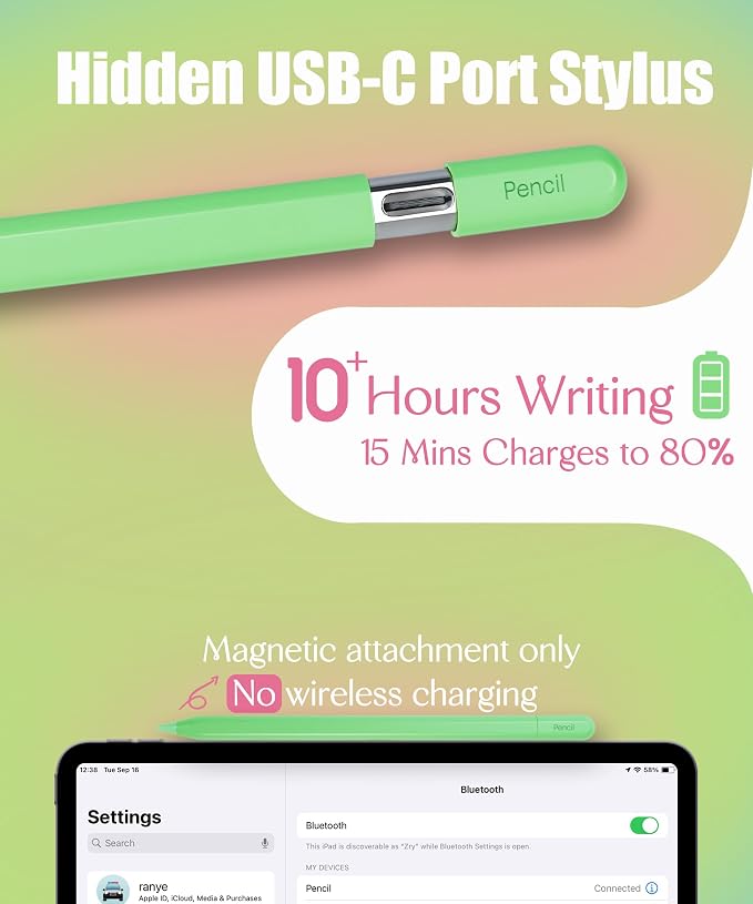 Pencil USB-C for Apple iPad 2018-2026: Slide-Switch Hidden-Port Stylus with Tilt Sensitivity &amp Palm Rejection Pen for iPad 6-11th Mini 5-7th Air 3-5th/M2/M3 Pro 11/12.9/13(M4/M5) Black