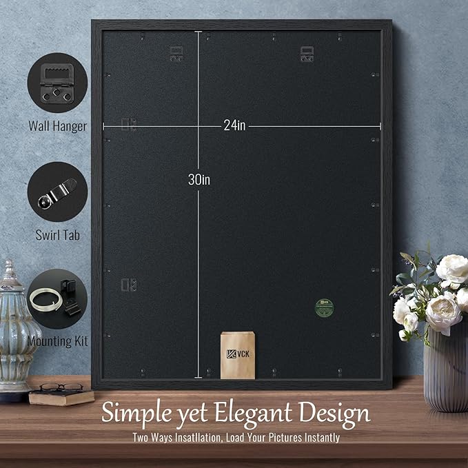 VCK 24x30 Poster Frame Set of 2 - Black, Textured Exclusive Solid Wood Picture Frames with Polished Plexiglass, Wall Hanging