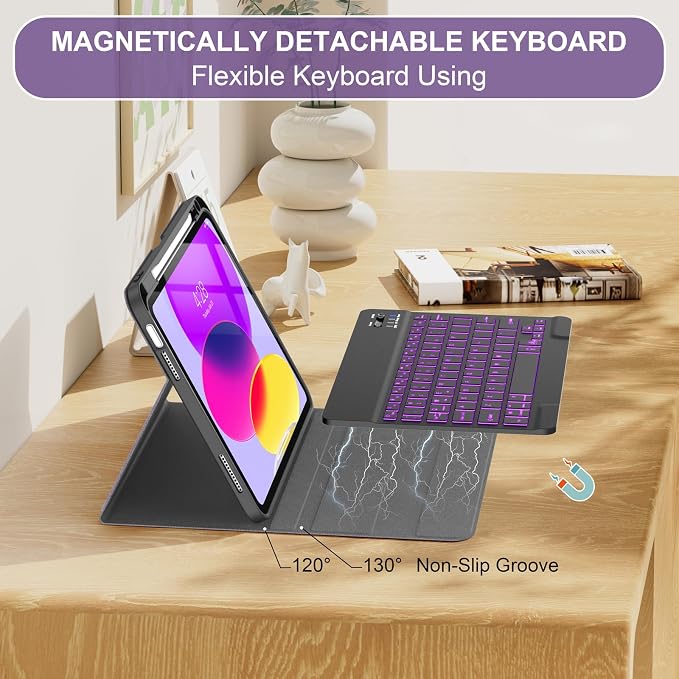 Soke for iPad (A16) 11th/10th Gen Case with Keyboard Black Marble | For iPad 11/10.9 inch(2025/2022) 7 Color Backlight Magnetic wireless Detachable Keyboard Case Built-in Pencil Holder