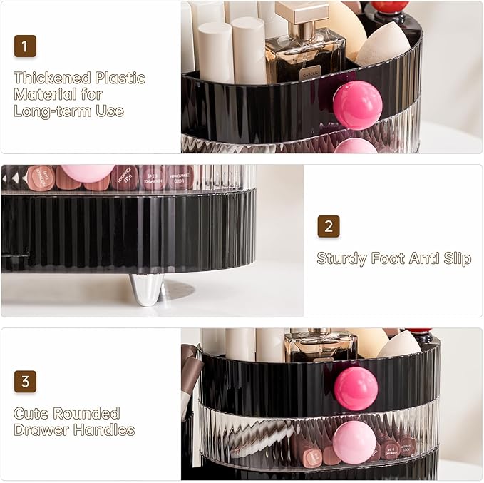Makeup Organizer Countertop for Vanity with 360° Rotating Brush Holder, 3 Layer Cosmetic and Jewelry Storage, Makeup Display Case for Skincare&Perfume, Black