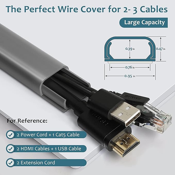Cable Hider Raceway Kit, 68in Wire Hiders for TV on Wall, Paintable Cord Cover Channel, Cord Hider for Wall Mounted TV in Home Office, 4X L17in X W0.95in X H0.47in, Grey