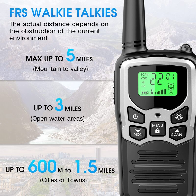 Walkie Talkies with 22 FRS Channels, MOICO Walkie Talkies for Adults with LED Flashlight VOX Scan LCD Display, Long Range Family, Radios for Hiking Camping Trip (Silver, 4 Pack)