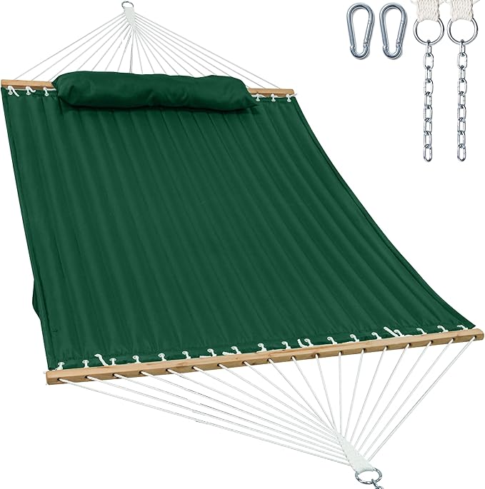 2 Person Hammocks for Outside, Double Quilted Fabric Outdoor Hammock with Spreader Bar, Large Removable Pillow, Storage Pockets, Carabiners, Max 475 lbs Capacity (Night Green)