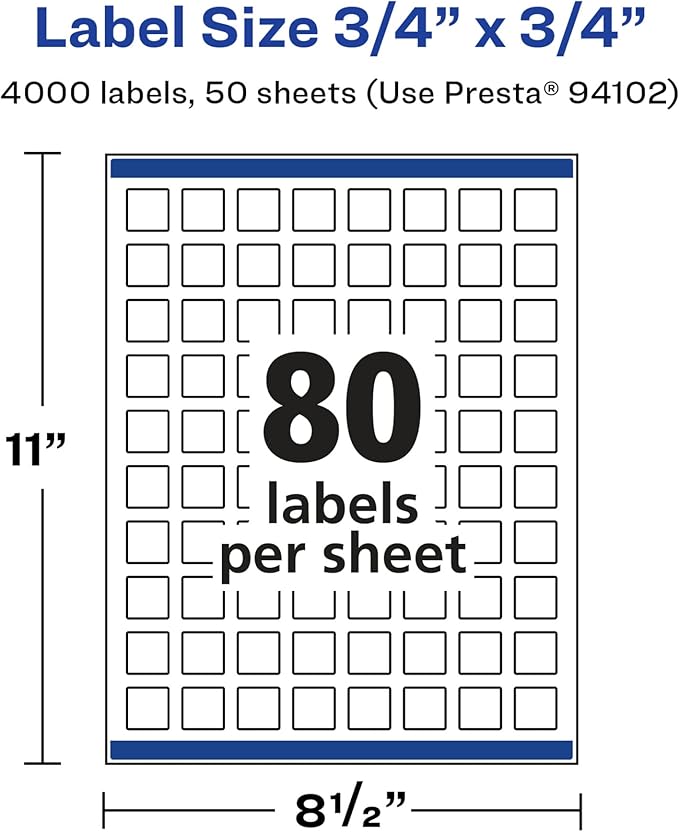 Avery Glossy White Square Labels, Sure Feed Technology, 3/4" x 3/4", 4,000 Glossy White Labels, Print-to-The-Edge, Permanent Adhesive, Laser/Inkjet Printable