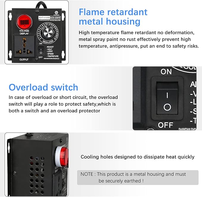 AC Variable Speed Controller, 120V~220V 15A 4000W SCR Voltage Controller for Router Fan Electric Motor Rheostat