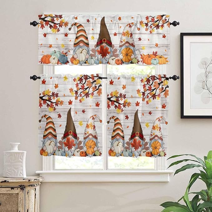 Fall Gnomes Kitchen Curtain Set, Thanksgiving Maple Leaf Grey Wood Grain Window