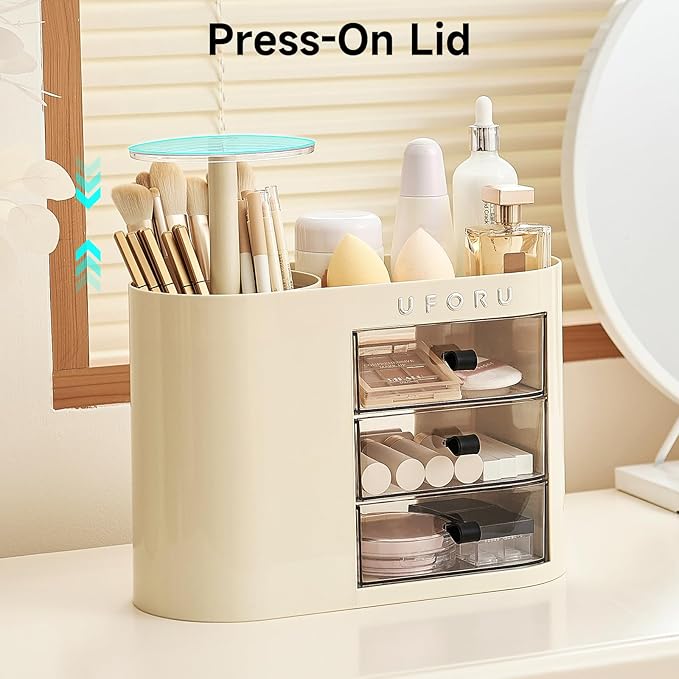 Makeup Organizer with Pop-Up Brush Holder for Dresser Vanity, Plastic Bathroom Counter Organizer with 3 Drawers & Dust-Proof Cover, Cosmetic Display Case for Lipstick, Skincare, Cream White