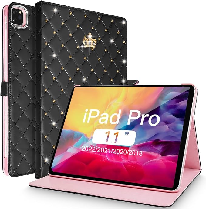 for iPad Pro 11 inch Case 2022(4th Gen)/2021(3rd Gen)/2020(2nd Gen)/2018 (1st Gen)Cute Crown Bling Diamond PU Leather Smart Auto Sleep/Wake Stand Shockproof Cover for iPad Pro 11 Inch Black