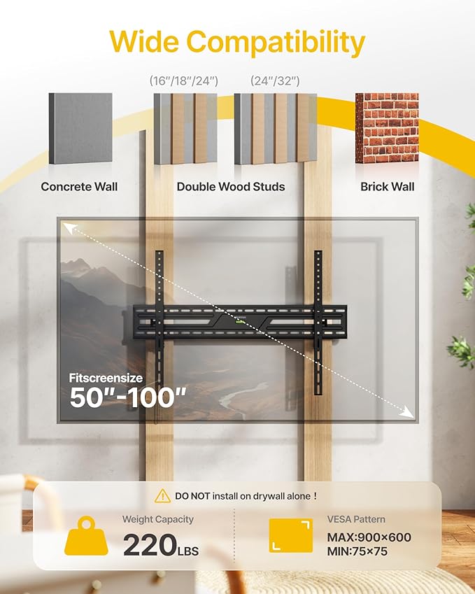 monTEK 15°Full Tilting TV Wall Mount for 50-100 inch Large TVs up to 220 LBS & 900x600mm Vesa, Effortless Tilt & Lock Heavy Duty TV Wall Mount Fits 32″/24″/18″/16″ Wood Studs TM1005W-LT