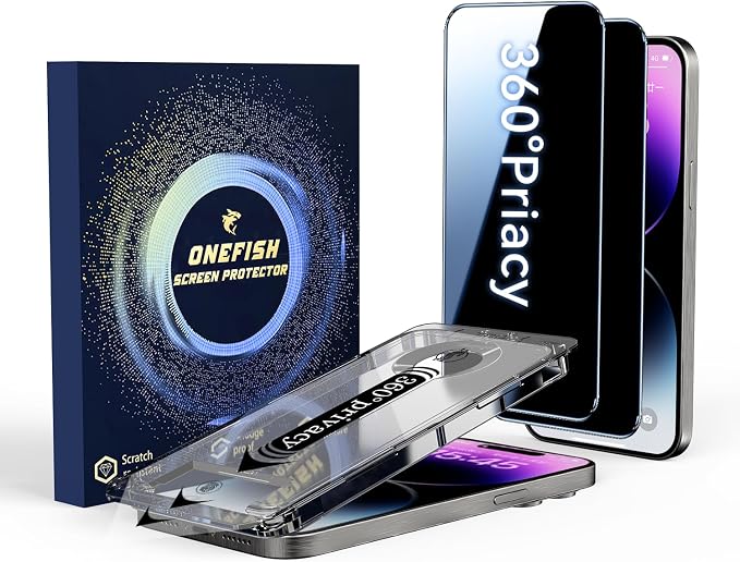 OneFish Screen Protector for iPhone 13 Pro Max / 14 Plus Privacy 4-Way 360° Anti-Spy Tempered Glass 9H Hardness HD Clear Anti-Fingerprint 3D Curved Edges Case-Friendly &amp Easy Installation