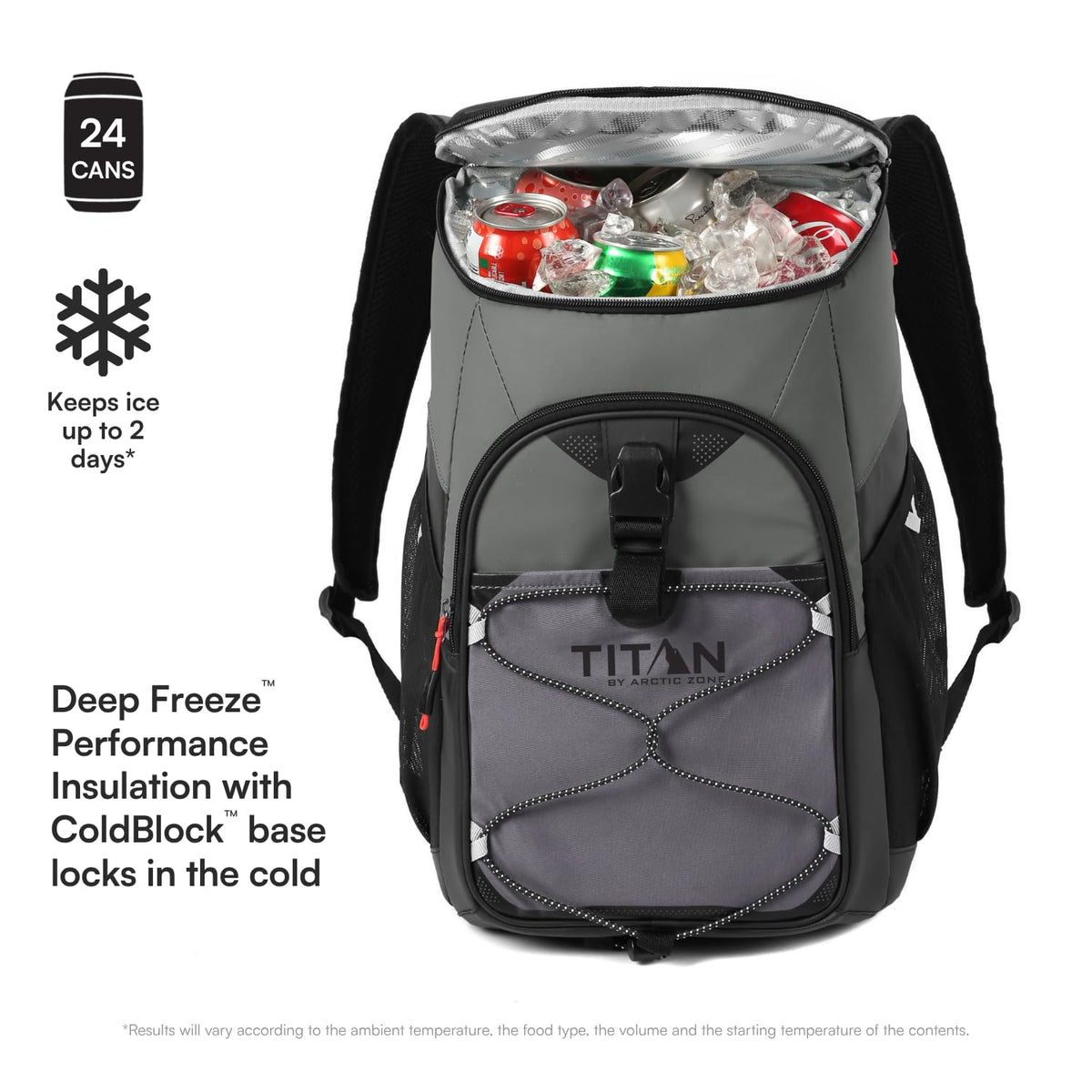 Titan by Arctic Zone Backpack Cooler, Insulated Soft Sided Bag with Leak Proof Lining and Padded Straps, for Lunch, Picnic, and Travel, 24 Can Capacity, Sharkskin Grey