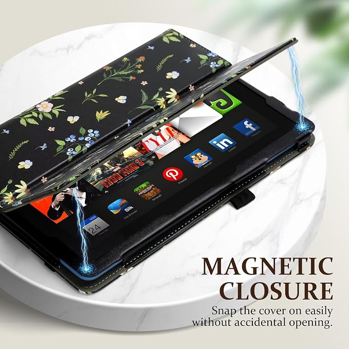 Fancity Case for Kindle Fire HD 10/10 Plus 13th/11th Generation 2023/2021 | Premium PU Leather Protective Case with Adjustable Angles Auto Wake/Sleep Hand Strap for Fire HD 10/10 Plus Black Floral