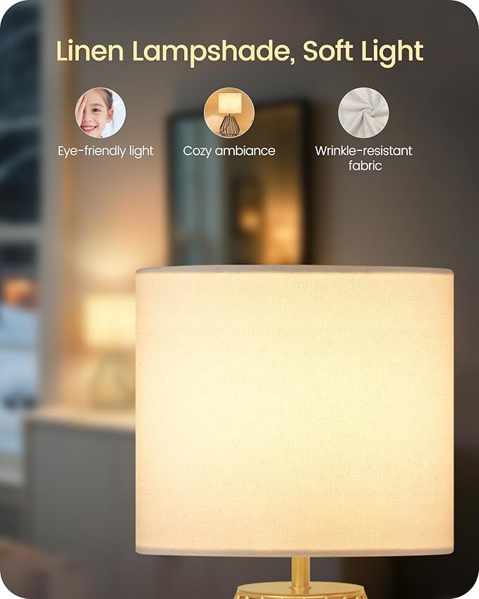 Gold Table Lamp, Small Gold Bedside Lamp with Metal Base & White Linen Lampshade, Modern Nightstand Lamp, Little Cute Desk Lamp for Bedroom, Living Room, 2700K LED Bulb Included, DCW06TL05