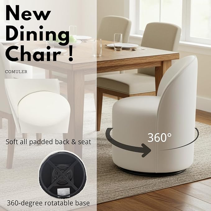 Modern Barrel Dining Chairs Set of 6, Swivel Base White Accent Chair 360°Rotating Vanity Chair Mid-Century Dining Side Chair Kitchen Chair for Living Room, Bedroom, Home, Office, Kitchen