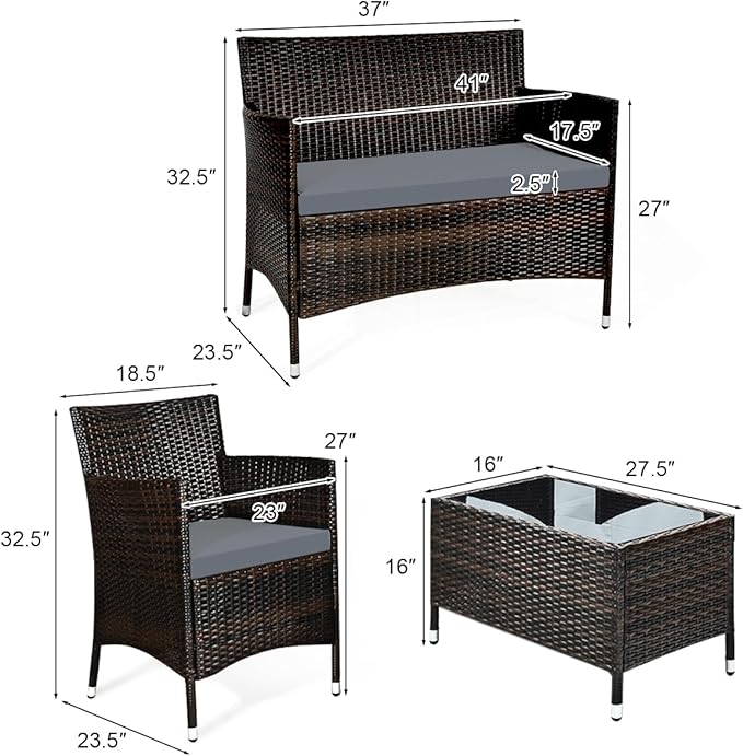 Tangkula 8 PCS Patio Rattan Conversation Set, Outdoor Wicker Furniture Set with Tempered Glass Coffee Table &Thick Cushion, Rattan Chair Wicker Set for Garden, Lawn, Poolside and Backyard (2, Gray)