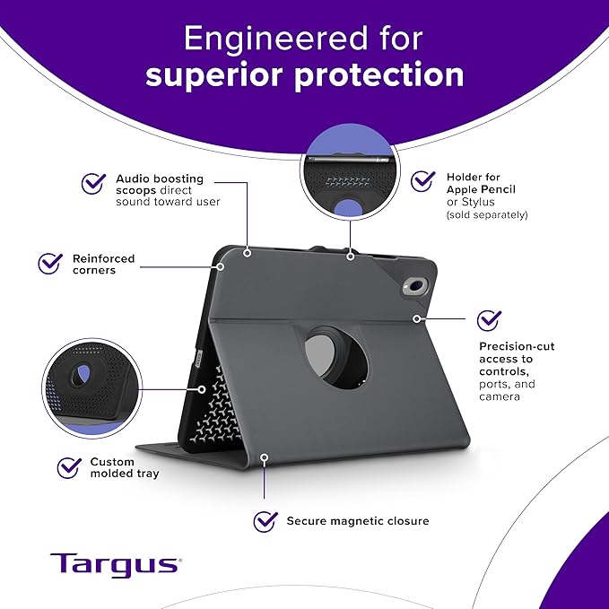 Targus VersaVu iPad 10th Generation Case 2022 iPad 10.9 Inch Case 10 Case 360 Degree Rotating Military Grade Drop Protection Cover for 10.9â€ 10th Gen 2022 Magnetic Close Black (THZ935GL)