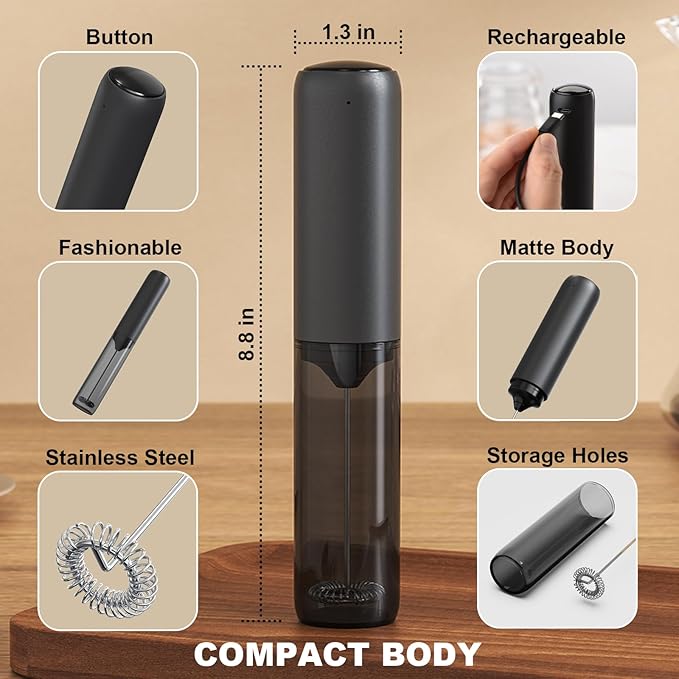 Soenglyun Rechargeable Milk Frother Handheld Foam Maker, Black