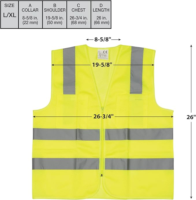 Performance Tool W1580 High-Visibility Reflective Safety Vest, Chest Pockets, Zip Closure, Neon Yellow