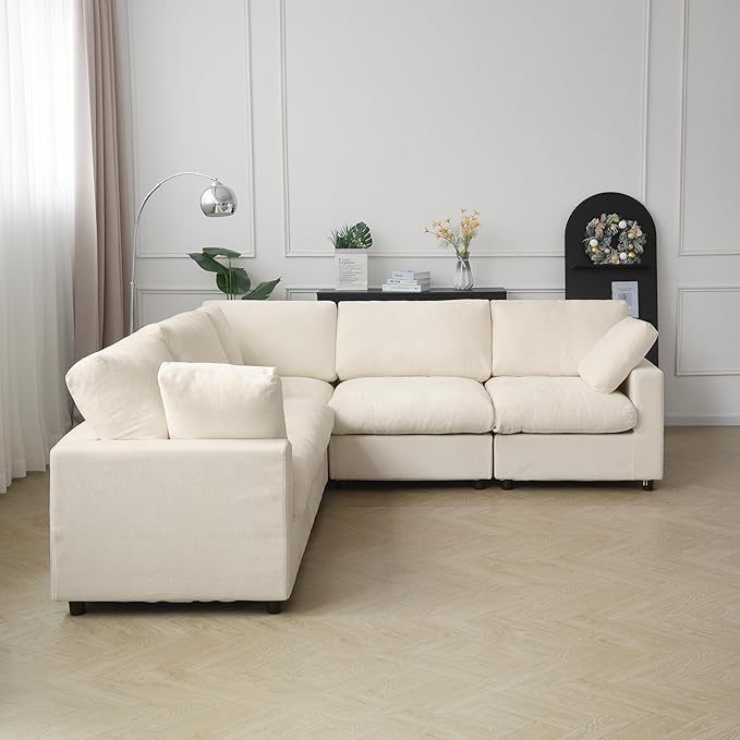 JACH V Shape Sectional Couches for Living Room, Deep Seat Convertible Modular Sofa, Cloud Sectional Couch, Sofa Covers Washable, Minimalist Couch for Living Room, Apartment, Beige